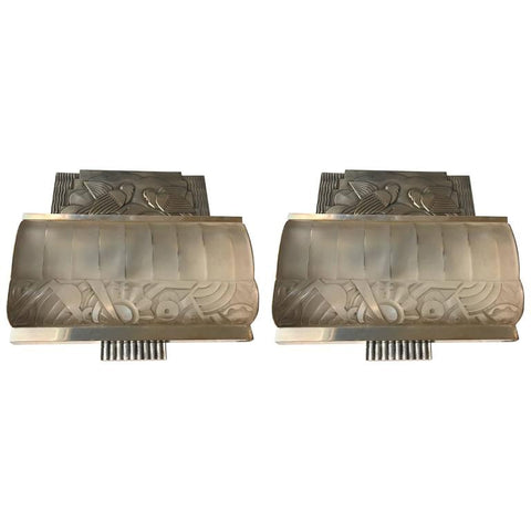 Pair of French Art Deco Sconces with Geometric Motif by Sabino