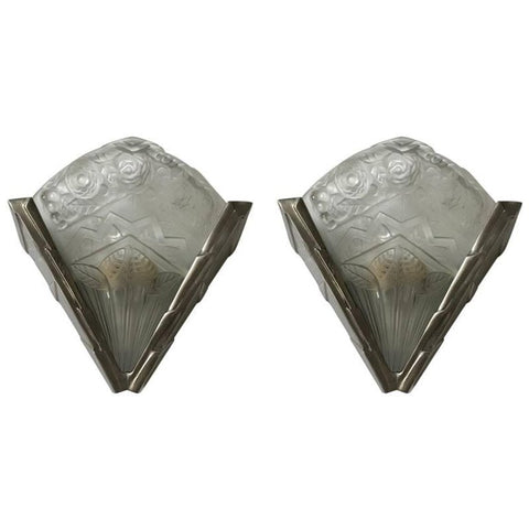 Pair of French Art Deco Wall Sconces Having Geometric Motif