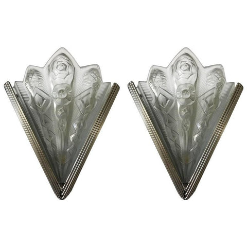 Pair of French Art Deco Geometric Sconces Signed by Noverdy