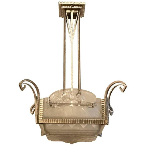 French Art Deco Geometric Chandelier Signed by Muller Freres Luneville