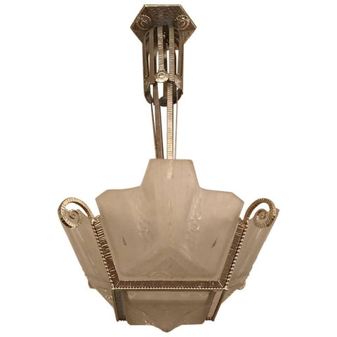 French Art Deco Geometric Chandelier Signed by Muller Freres Luneville
