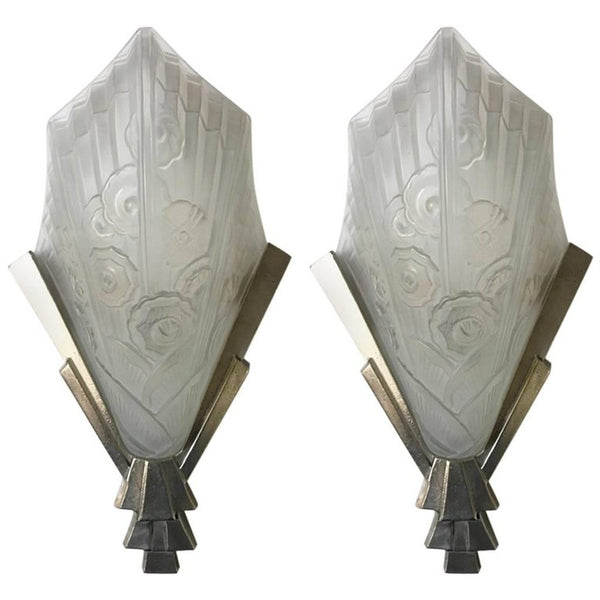 Pair of French Art Deco Floral Wall Sconces by J Robert