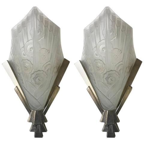 Pair of French Art Deco Floral Wall Sconces by J Robert