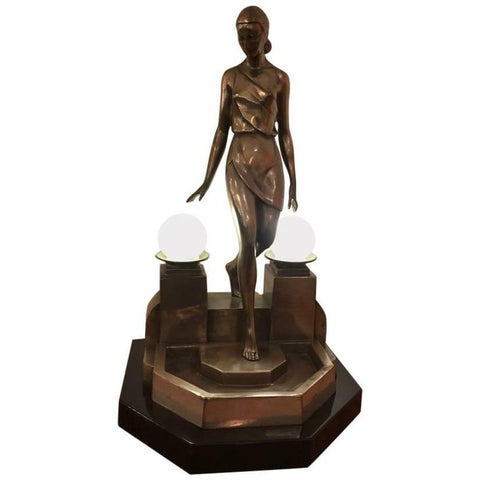 Art Deco Female Bronze Table Lamp Signed by Fayral