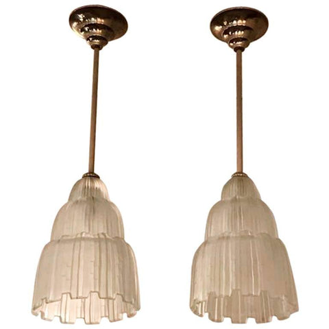 Pair of French Art Deco Waterfall Chandeliers Signed by Sabino