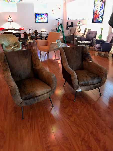 Pair of Italian Mid-Century Modern Club Chairs Covered in Cowhide