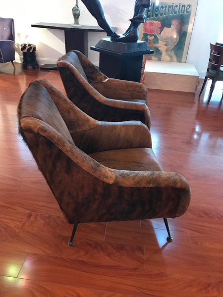 Pair of Italian Mid-Century Modern Club Chairs Covered in Cowhide