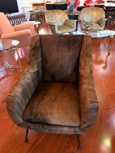 Pair of Italian Mid-Century Modern Club Chairs Covered in Cowhide