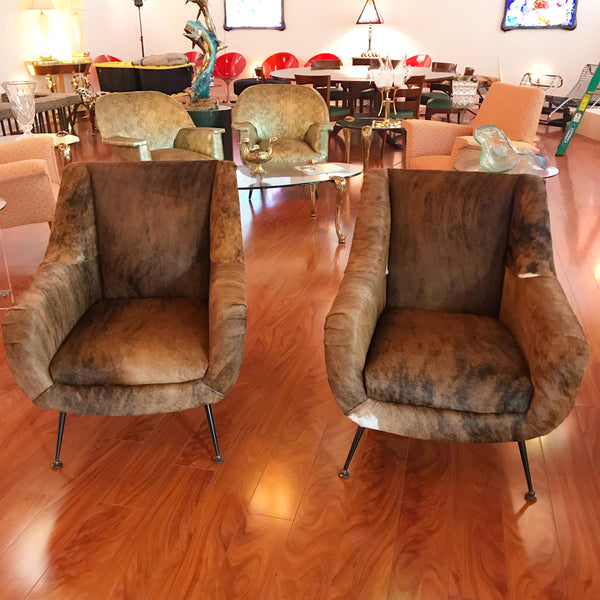 Pair of Italian Mid-Century Modern Club Chairs Covered in Cowhide