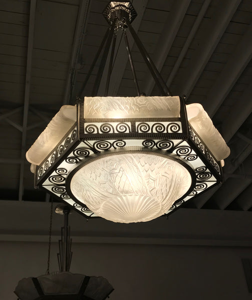 French Art Deco Hexagonal Chandelier by Schneider