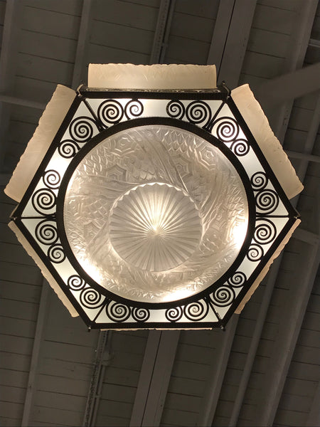 French Art Deco Hexagonal Chandelier by Schneider