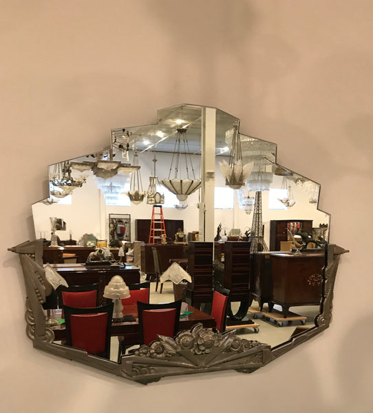 French Art Deco Geometric and Floral Wall Mirror with Skyscraper Motif