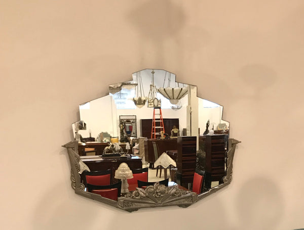 French Art Deco Geometric and Floral Wall Mirror with Skyscraper Motif