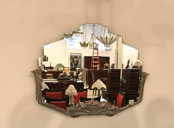 French Art Deco Geometric and Floral Wall Mirror with Skyscraper Motif