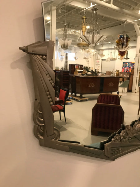 French Art Deco Geometric and Floral Wall Mirror with Skyscraper Motif