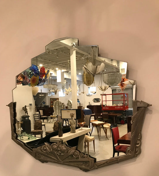 French Art Deco Geometric and Floral Wall Mirror with Skyscraper Motif
