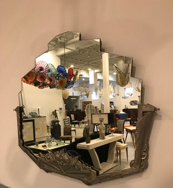 French Art Deco Geometric and Floral Wall Mirror with Skyscraper Motif