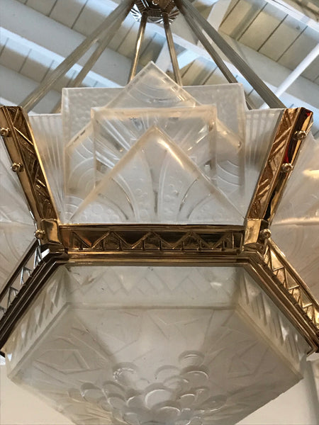 Grand French Art Deco Geometric Chandelier Signed by Muller Freres Luneville