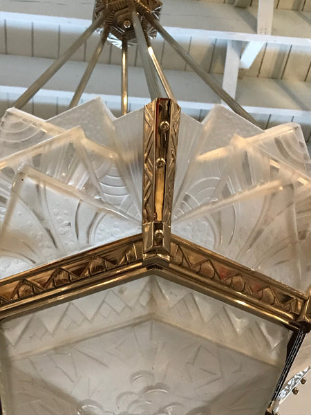 Grand French Art Deco Geometric Chandelier Signed by Muller Freres Luneville