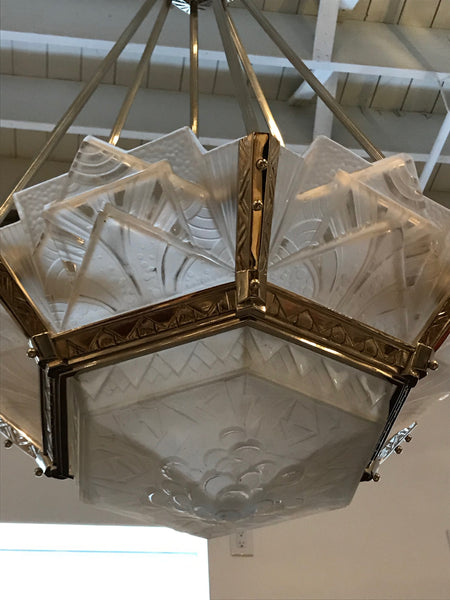 Grand French Art Deco Geometric Chandelier Signed by Muller Freres Luneville
