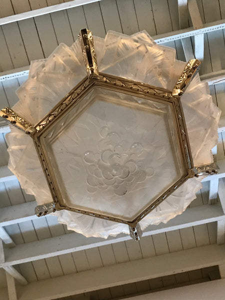 Grand French Art Deco Geometric Chandelier Signed by Muller Freres Luneville