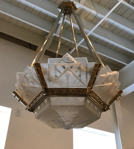 Grand French Art Deco Geometric Chandelier Signed by Muller Freres Luneville