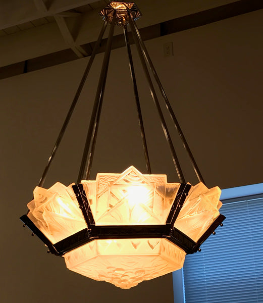 Grand French Art Deco Geometric Chandelier Signed by Muller Freres Luneville