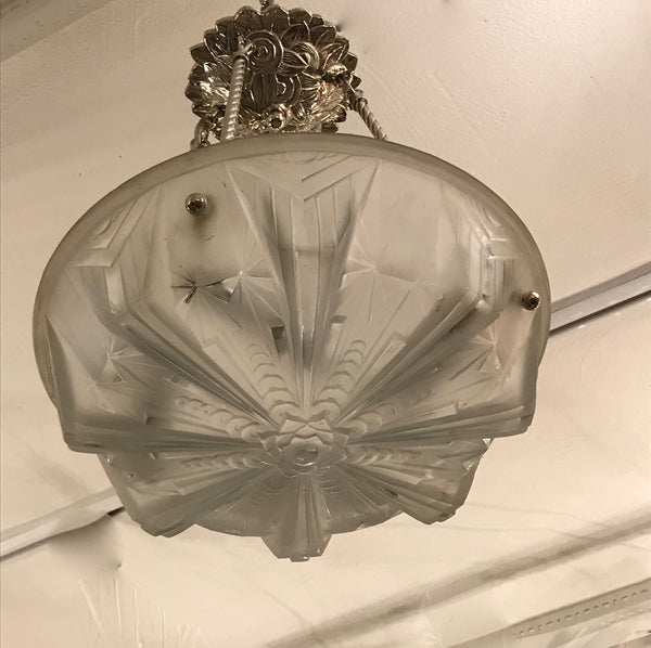 French Art Deco Geometric Chandelier Signed by Muller Frères Luneville