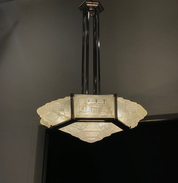 French Art Deco Pendant Chandelier by Hanots
