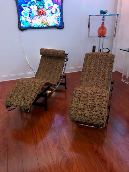 Pair of Le Corbusier LC4 Style Leopard Print and Chrome Lounge Chair