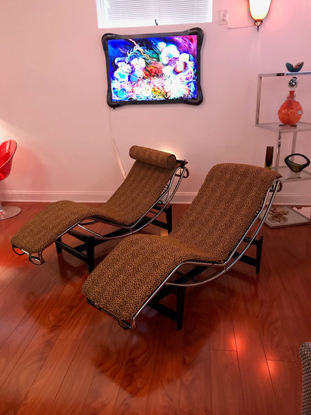 Pair of Le Corbusier LC4 Style Leopard Print and Chrome Lounge Chair