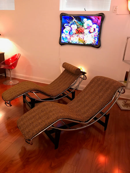 Pair of Le Corbusier LC4 Style Leopard Print and Chrome Lounge Chair
