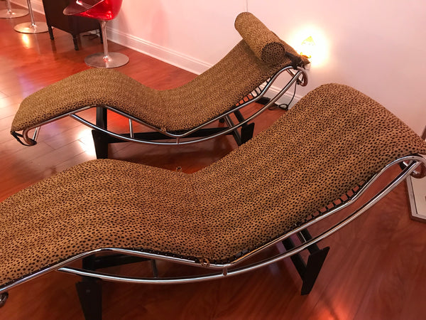 Pair of Le Corbusier LC4 Style Leopard Print and Chrome Lounge Chair