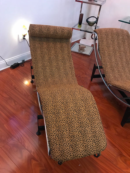 Pair of Le Corbusier LC4 Style Leopard Print and Chrome Lounge Chair