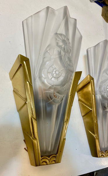 Pair of French Art Deco Wall Sconces Signed by Degue