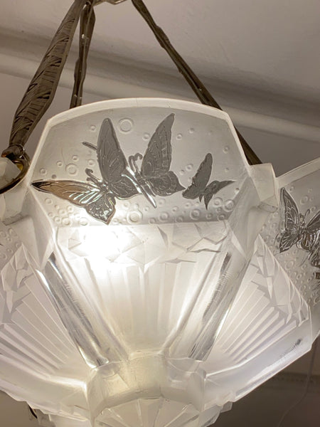 French Art Deco Butterfly Chandelier Signed by Muller Freres Luneville