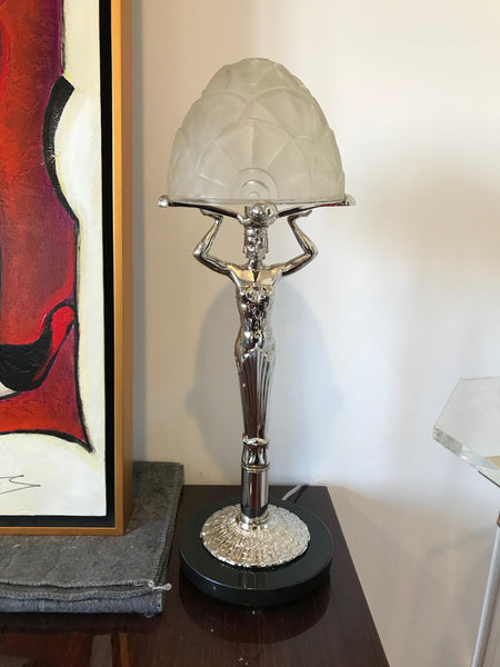 French Art Deco Female figurative Table Lamp by Degue