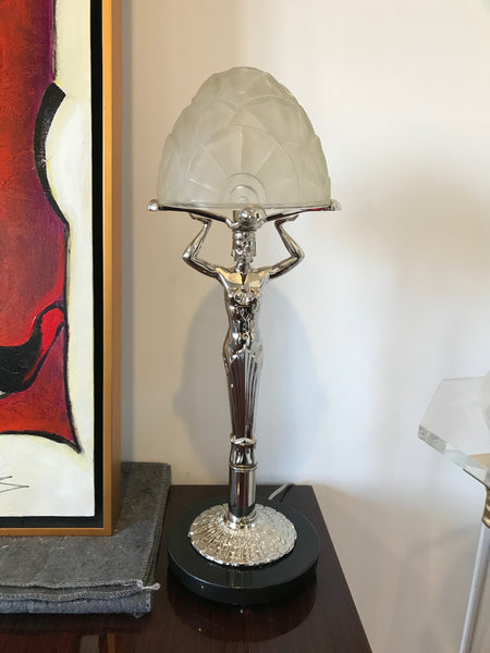 French Art Deco Female figurative Table Lamp by Degue