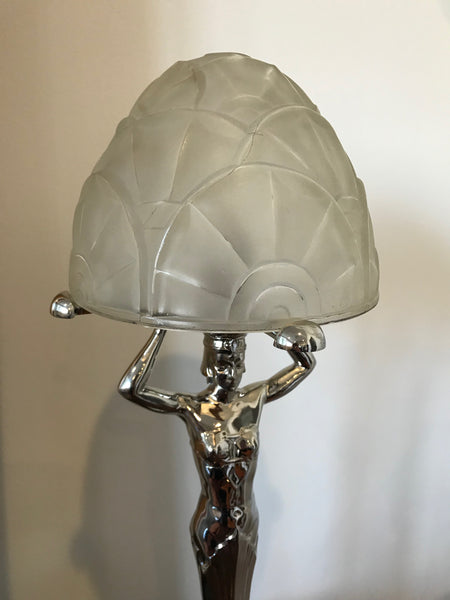 French Art Deco Female figurative Table Lamp by Degue