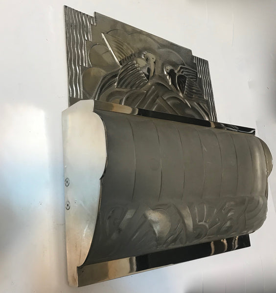 Pair of French Art Deco Bird Sconces with Geometric Motif by Sabino