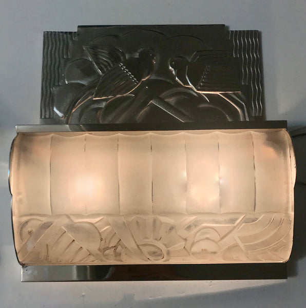 Pair of French Art Deco Bird Sconces with Geometric Motif by Sabino