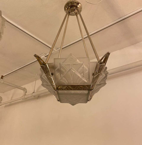 French Art Deco Geometric Chandelier Signed by Muller Frères Luneville
