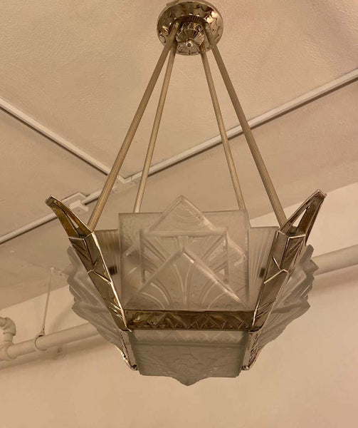 French Art Deco Geometric Chandelier Signed by Muller Frères Luneville