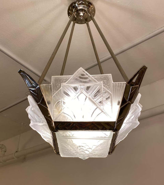 French Art Deco Geometric Chandelier Signed by Muller Frères Luneville