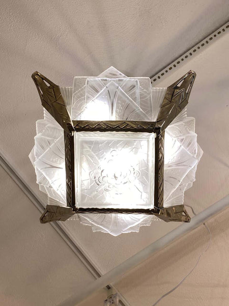 French Art Deco Geometric Chandelier Signed by Muller Frères Luneville