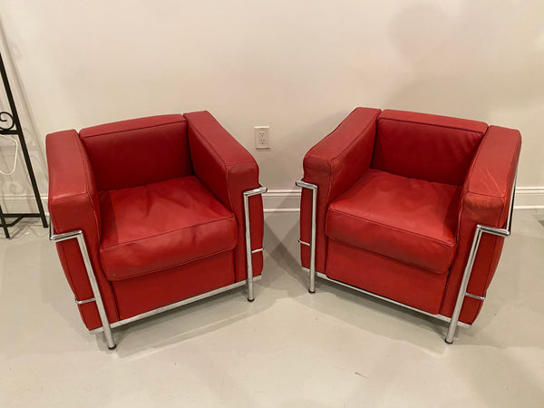 Pair of Chrome and Red Leather Club Chairs in the Style of Le Corbusier