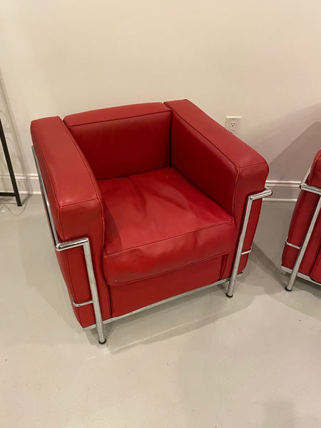 Pair of Chrome and Red Leather Club Chairs in the Style of Le Corbusier