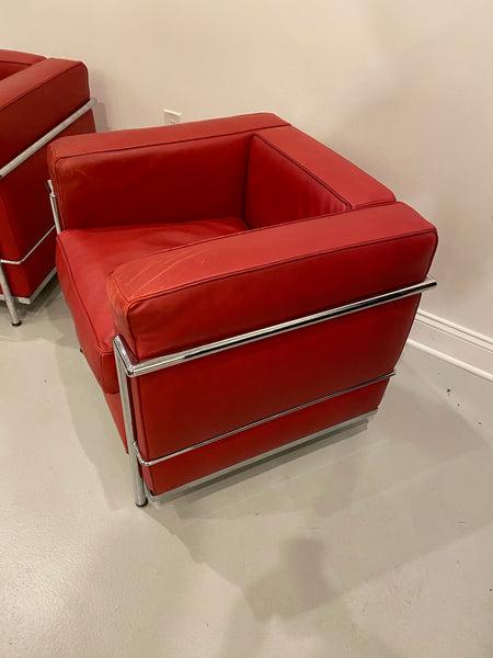 Pair of Chrome and Red Leather Club Chairs in the Style of Le Corbusier