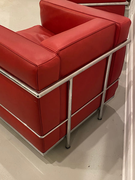 Pair of Chrome and Red Leather Club Chairs in the Style of Le Corbusier