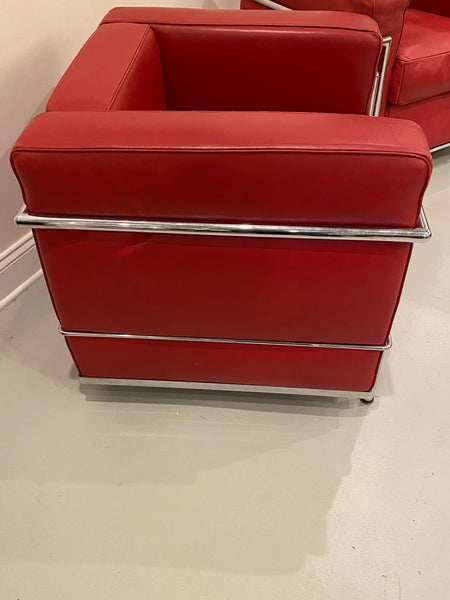 Pair of Chrome and Red Leather Club Chairs in the Style of Le Corbusier